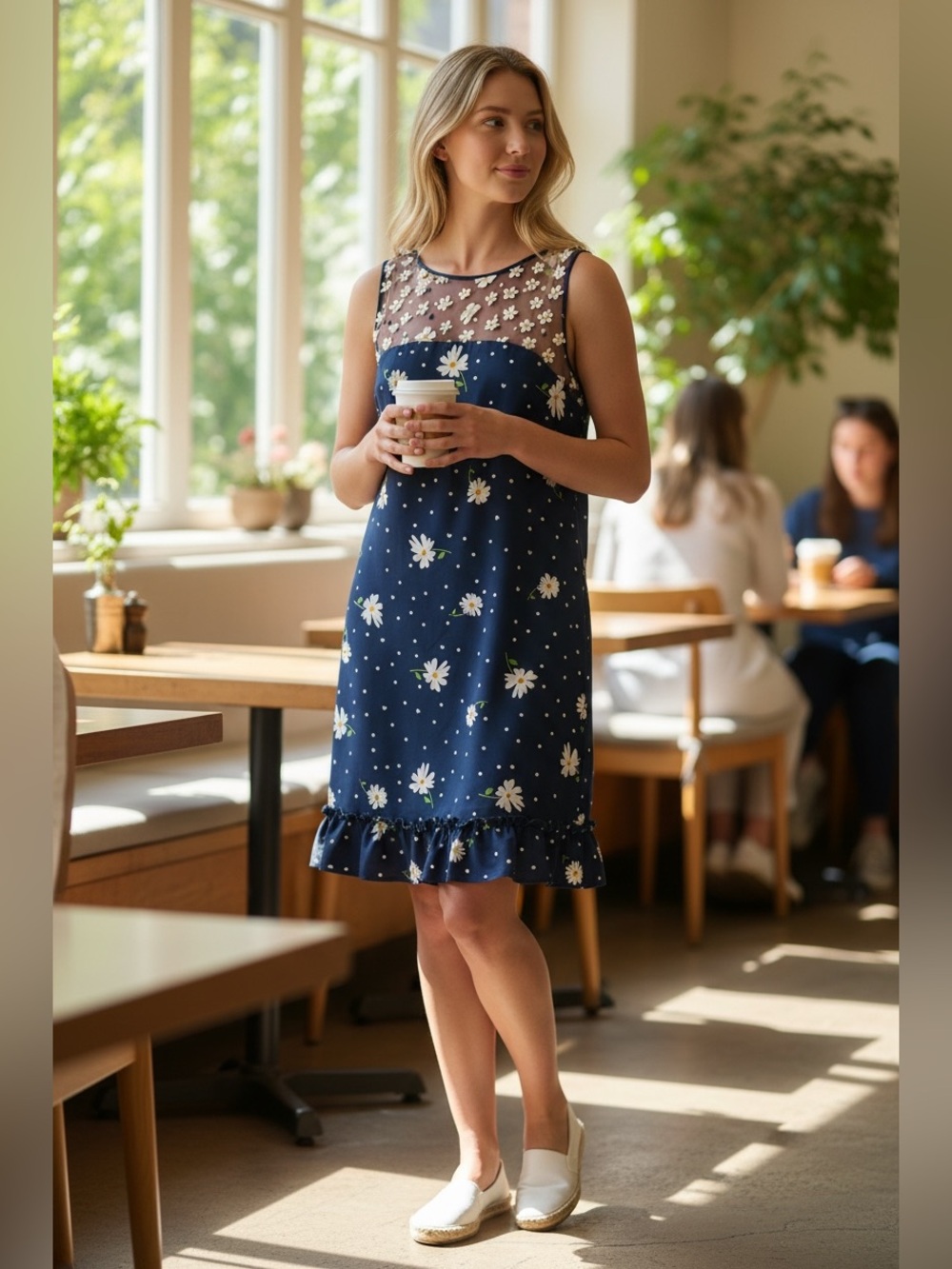 Karl Lagerfeld Navy Blue Floral Midi Dress with White Daisies